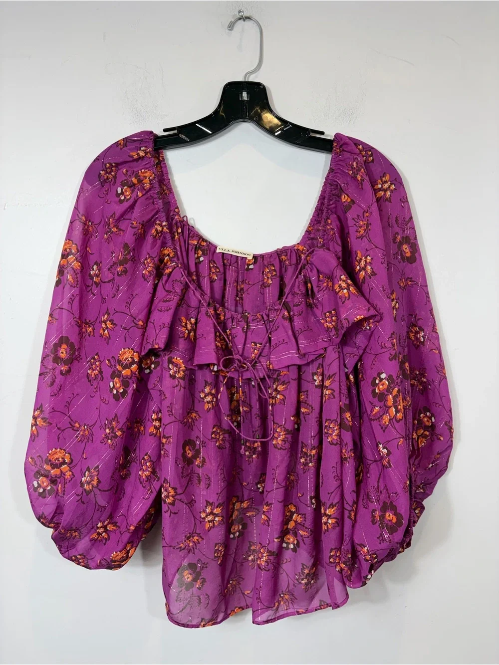 Ulla Johnson Silk Floral Peasant Blouse Purple Metallic Puff Sleeve Size 2